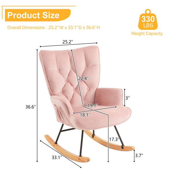Rocking Chair Nursery, Upholstered Glider Rocker with High Backrest, Stylish Modern Rocking Accent Chair Glider Recliner for Living Room Nursery Bedroom, Pink
