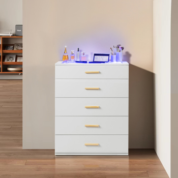 [FCH] white pitted particleboard with triamine coating, tempered glass 66*35*83cm, visible side of the cabinet, five drawers, drawer cabinet with RGB light