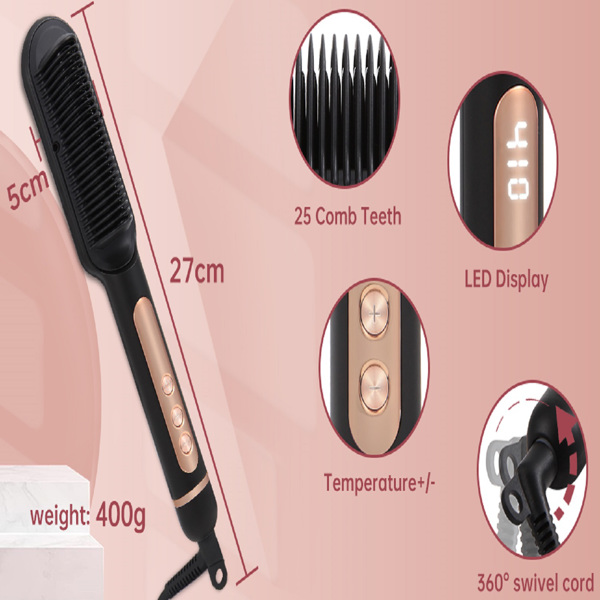 Negative Ionic Hair Straightener Brush with 9 Temp Settings, 30s Fast Heating, Hair Straightening Comb with LED Display, Anti-Scald & Auto-Shut Off Hair Straightening Iron (Black)
