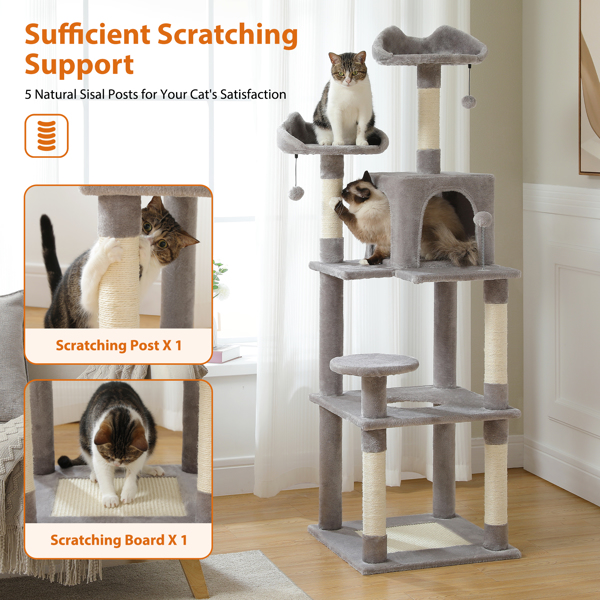 63'' Multi-Level Cat Tree Cat Tower for Indoor Cats with Sisal-Covered Scratching Post, Cozy Cat Condo, Cat Hammock and Wide Top Perch, Grey (Banned shein,unable to ship on weekends)