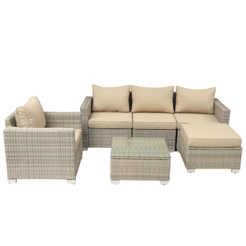  Patio Furniture,6 Pieces Outdoor Wicker Furniture Set Patio Rattan Sectional Conversation Sofa Set with Ottoman and Glass Top Table for Balcony Lawn and Garden  (NO TEMU)