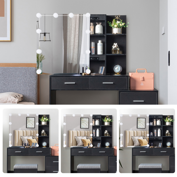 FCH Particleboard Triamine Veneer 5 Pumps 2 Shelves Mirror Cabinet Three Dimming Light Bulb Dressing Table Set Black