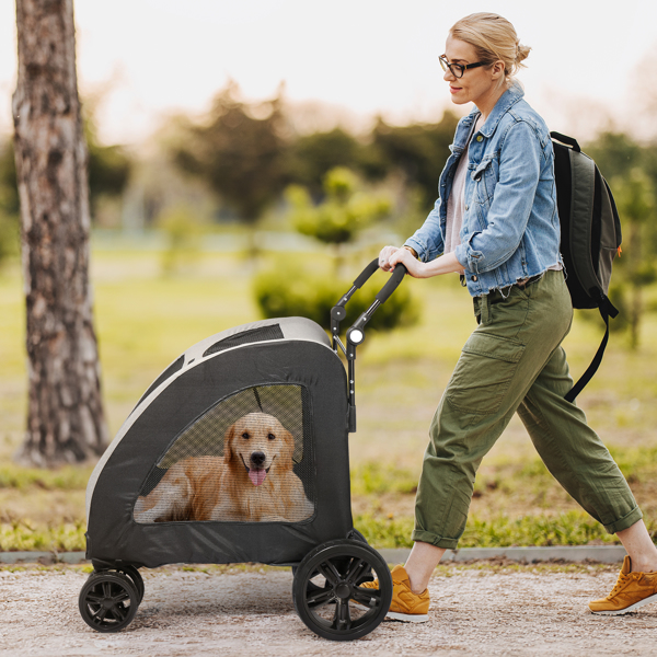 Dog Stroller for Medium to Large Dogs, Foldable Dog Wagon with 4 Wheels, Adjustable Handle, Bid Dog Jogger Stroller, Grey
