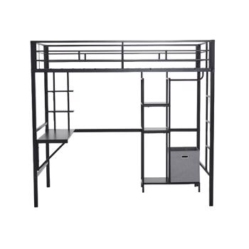 Twin Size Metal Loft Bed with Desk and Storage Shelves, Full-length Guardrails, Loft Bed Frame for Teens Juniors Adults, Noise Free, No Box Spring Needed, Black