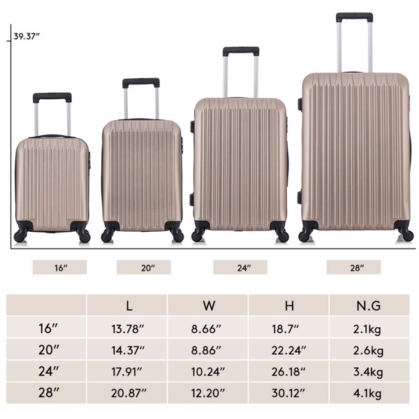 4 Piece Set Luggage Sets Suitcase ABS Hardshell Lightweight Spinner Wheels Champagne Gold