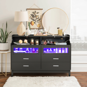 Black Wood Tempered Glass Drawer Dresser with LED Light Strips & Charging Station & USB Ports Bed Table