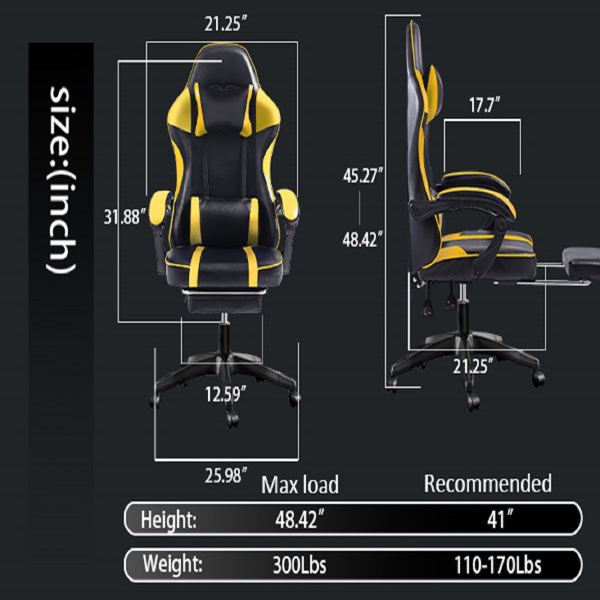 Video Game Chairs for Adults, PU Leather Gaming Chair with Footrest, 360°Swivel Adjustable Lumbar Pillow Gamer Chair, Comfortable Computer Chair for Heavy People, Yellow