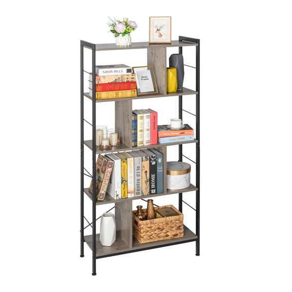 4 Tier Industrial Bookshelf, Floor Standing Storage Rack in Living Room Office Study, Large Storage Space, Simple Assembly, Stable Steel Frame, Gray