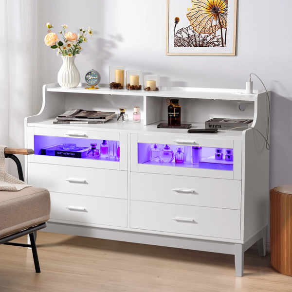 White Wood Tempered Glass Drawer Dresser with LED Light Strips & Charging Station & USB Ports Bed Table