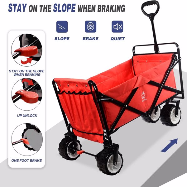 Collapsible Heavy Duty Beach Wagon Cart Outdoor Folding Utility Camping Garden Beach Cart with Universal Wheels Adjustable Handle Shopping (red)