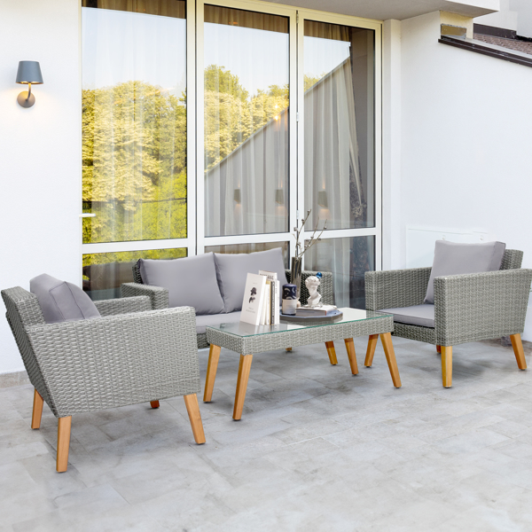 4 Piece Outdoor Patio Furniture Set, Resin Rattan and Acacia Wood Chairs Conversation Furniture Set for Backyard Balcony Deck with Soft Cushions and Table, Grey