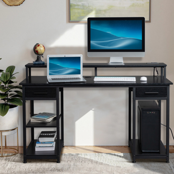 Black wood grain particleboard with non-woven fabric drawer 140*50*86cm multi-layer shelf computer desk with 2 power sockets and 2 USB power interfaces