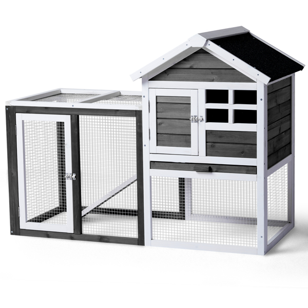 Wooden Rabbit Hutch Outdoor Chicken Coop Indoor Bunny Cage with Run, Guinea Pig House Pet House with Pull Out Upper Tray, Grey