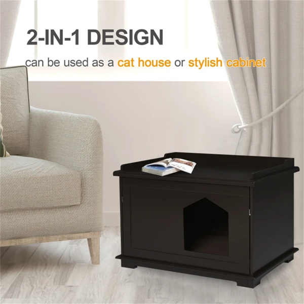 29.3 "Brown cat house, wooden litter box, end table by sofa, nightstand
