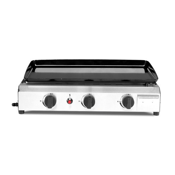 3-Burner Flat Top Gas Griddle Cooking Station with Ceramic Coated Cast Iron Pan, 30,000 BTU Propane Fuelled Griddle Station with Side Shelves & Spice Rack for Outdoor Barbecue Backyard Cookout