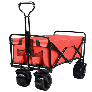 Collapsible Heavy Duty Beach Wagon Cart Outdoor Folding Utility Camping Garden Beach Cart with Universal Wheels Adjustable Handle Shopping (Red)