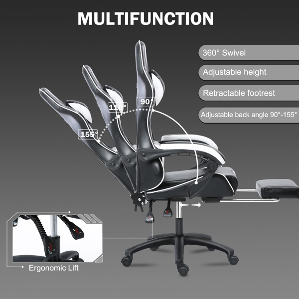 Game Chair, Adult Electronic Gaming Chair, Ergonomically Designed, PU Leather, Lounge Chair with Footstool and Waist Support, Office Chair, White