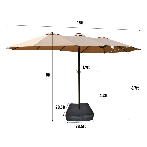 15x9ft Large Double-Sided Rectangular Outdoor Twin Patio Market Umbrella with light and base- taupe [Sale to Temu is Banned.Weekend can not be shipped, order with caution]