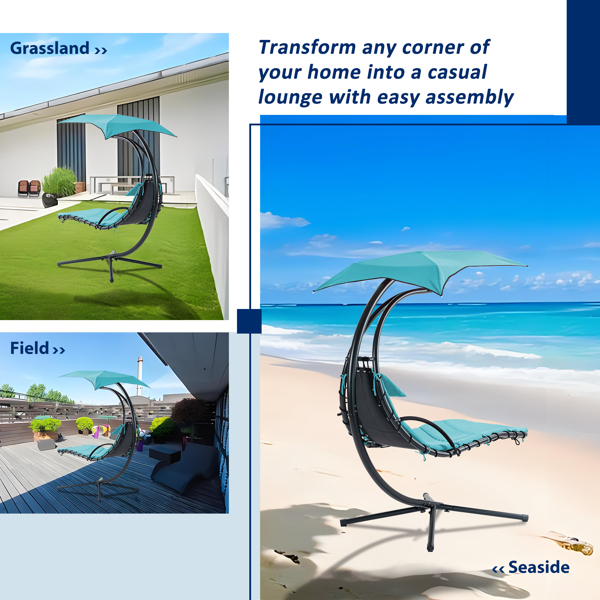 53.15 in. Outdoor Teal Hanging Curved Lounge Chair Steel Hammocks Chaise Swing with Built-In Pillow and Removable Canopy