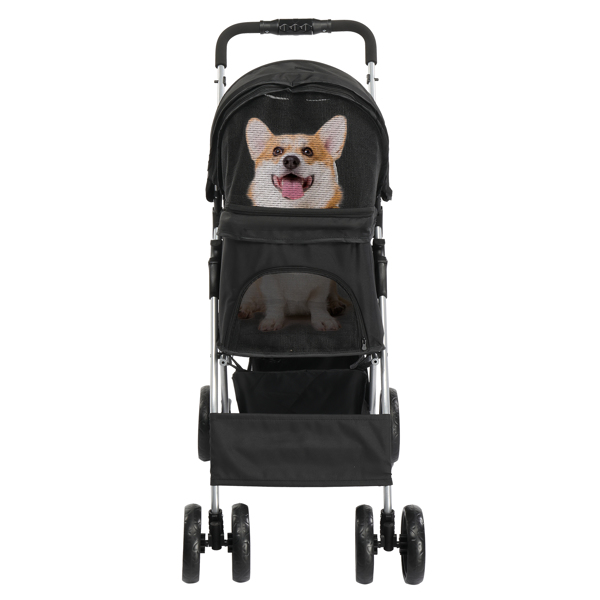 4 Wheels Pet Stroller, Dog Cat Stroller for Small Medium Dogs Cats, Foldable Puppy Stroller with Cup Holder & Removable Liner & Storage Basket, Black