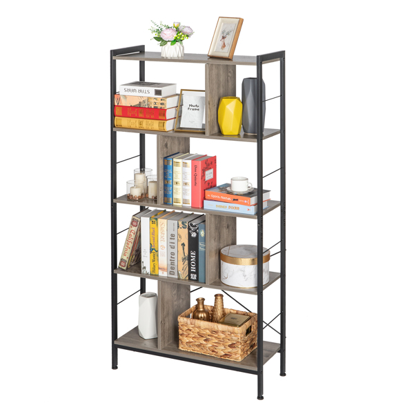 4 Tier Industrial Bookshelf, Floor Standing Storage Rack in Living Room Office Study, Large Storage Space, Simple Assembly, Stable Steel Frame, Gray