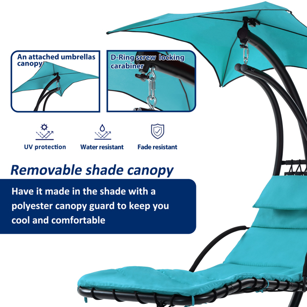 53.15 in. Outdoor Teal Hanging Curved Lounge Chair Steel Hammocks Chaise Swing with Built-In Pillow and Removable Canopy