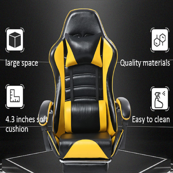 Game Chair, Adult Electronic Gaming Chair, Ergonomically Designed, PU Leather, Lounge Chair with Footstool and Waist Support, Office Chair, Yellow