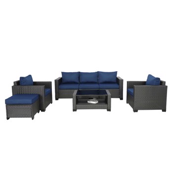Patio Furniture,7 Pieces Outdoor Wicker Furniture Set Patio Rattan Sectional Conversation Sofa Set with Ottoman and Glass Top Table for Balcony Lawn and Garden(NO TEMU)