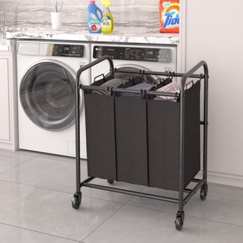 3 Bag Laundry Basket Sorter Laundry Hamper Cart With Heavy Duty Rolling Lockable Wheels And Removable Bags (Black)（it isn\\'t able to ship on weekend）