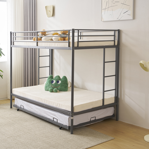 Twin Over Twin Bunk Bed with Trundle, Triple Bunk Beds for Kids Teens Adults, Metal Bunk Bed with Two Side Ladder and Guardrails, Grey
