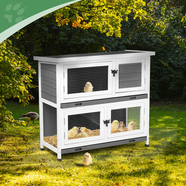 2 Story Solid Wood Rabbit Hutch Bunny Cage with 2 Large Main Rooms, Indoor Outdoor Rabbit House Guinea Pig Cage Pet House for Small Animals with 2 Removable Trays, Grey 