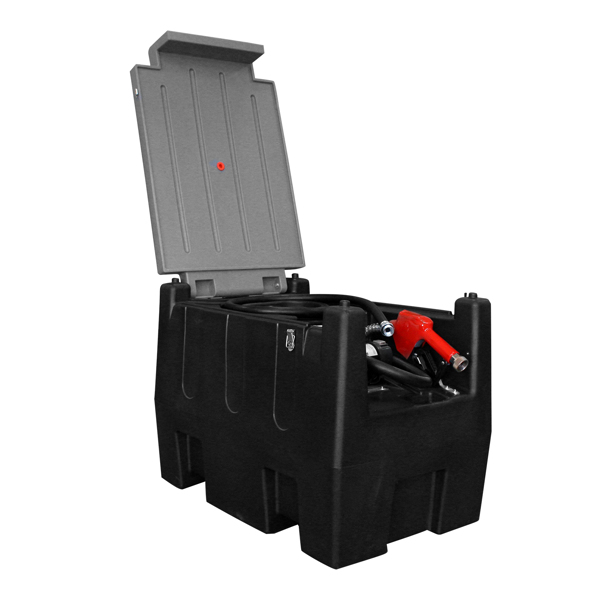 50 gallon portable fuel dispenser set in black and gray