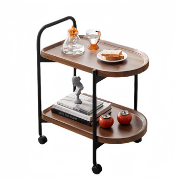 2-Tier Side Table Bar Cart, Metal Frame Mobile Trolley Sofa Side Table with Wheels, Movable MDF Coffee Table for Office, Classroom, Home