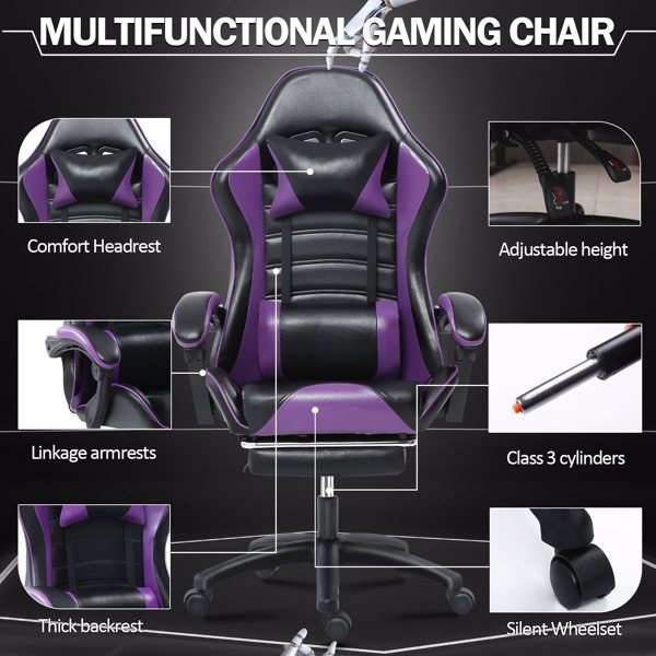 Game Chair, Adult Electronic Gaming Chair, Ergonomically Designed, PU Leather, Lounge Chair with Footstool and Waist Support, Office Chair, Purple