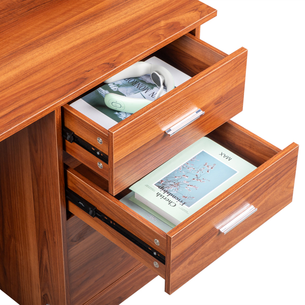 Walnut relief, particle board with melamine laminated board, desktop storage layer, 110*50*95cm, three drawers, computer desk, can hang letter size documents