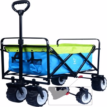 Collapsible Heavy Duty Beach Wagon Cart Outdoor Folding Utility Camping Garden Beach Cart with Universal Wheels Adjustable Handle Shopping (blue＆green)