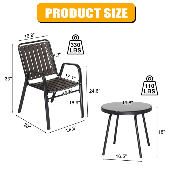 3-Piece Patio Bistro Table Set, Outdoor Furniture Set with 2 Stackable Patio Dining Chairs and Glass Table for Yard Balcony Porch, Black and Coffee