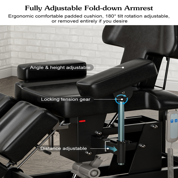 Multi-Purpose Electric Height Adjustable Tattoo Chair Split Legs for Client, Armrest & Footrest Angle Freely Adjustable, Specially Designed for Back Tattoo