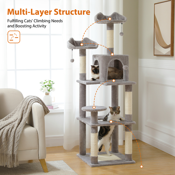 63'' Multi-Level Cat Tree Cat Tower for Indoor Cats with Sisal-Covered Scratching Post, Cozy Cat Condo, Cat Hammock and Wide Top Perch, Grey (Banned shein,unable to ship on weekends)