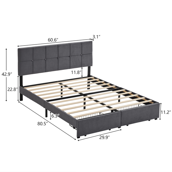 Queen Size Velvet Upholstered Platform Bed with Storage Drawers, Platform Bed Frame with Vertical Channel Tufted Wingback Headboard, No Box Spring Needed, Easy Assembly, Dark Grey