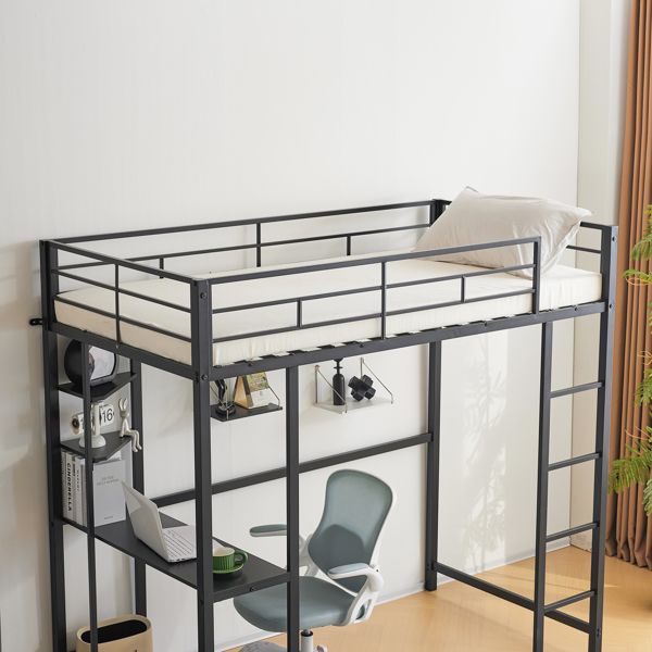 Twin Size Metal Loft Bed with Desk and Storage Shelves, 2 Built-in Ladders & Guardrails, Loft Bed Frame for Teens Juniors Adults, Noise Free, No Box Spring Needed, Black