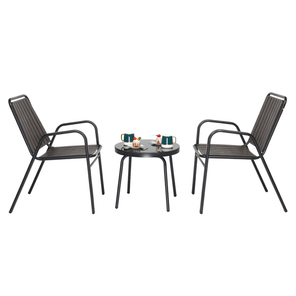 3-Piece Patio Bistro Table Set, Outdoor Furniture Set with 2 Stackable Patio Dining Chairs and Glass Table for Yard Balcony Porch, Black and Coffee