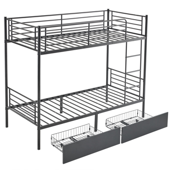 Twin Over Twin Bunk Bed with Two Storage Drawers & Full-Length Guard Rail, Heavy Duty Metal Bunk Bed for Kids Teens Adults, Black