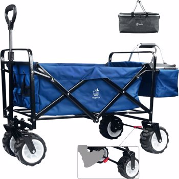 Collapsible Heavy Duty Beach Wagon Cart All Terrain Beach Wheels Large Capacity Outdoor Folding Utility Camping Garden Cart Brake & Aluminum Frame Cooler Bag for Beach Camping Shopping (blue）
