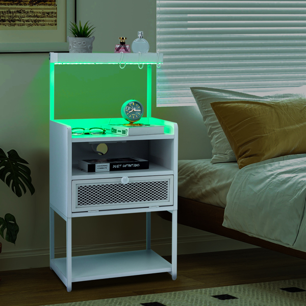 FCH White Wood Steel 1 Drawer Shelf LED Light Strips Nightstand With Socket With Charging Station & USB Ports Bed Table