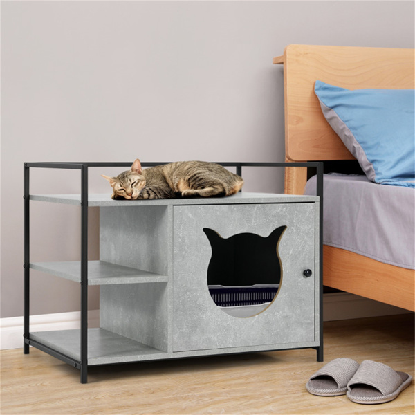 Wooden cat litter box, cat house with 2-level storage shelf living room end table