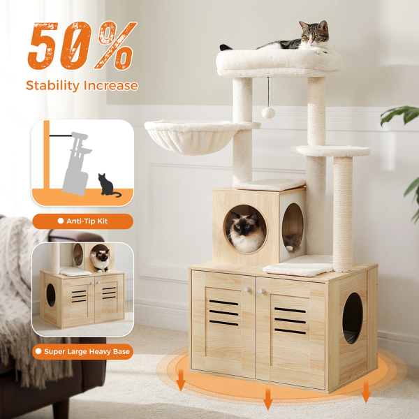 Cat Tree with Litter Box Enclosure, 50" Modern Cat Tree for Large/Fat Cats with Cat Condo, Wooden Cat Furniture with Large Hammock and Top Perch, Complimentary cat litter box，Beige 