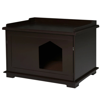 29.3 \\"Brown cat house, wooden litter box, end table by sofa, nightstand