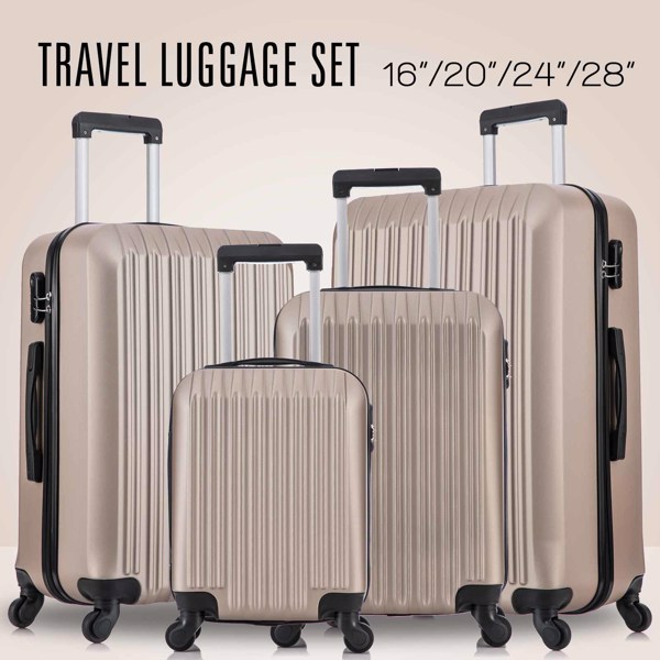 4 Piece Set Luggage Sets Suitcase ABS Hardshell Lightweight Spinner Wheels Champagne Gold