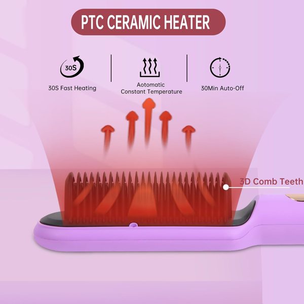 Negative Ionic Hair Straightener Brush with 9 Temp Settings, 30s Fast Heating, Hair Straightening Comb with LED Display, Anti-Scald & Auto-Shut Off Hair Straightening Iron (Purple)